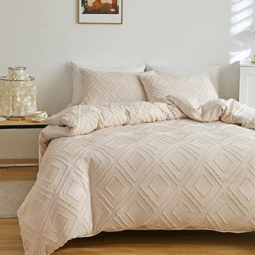 GETIYA Modern Bettwäsche 220x240 Mikrofaser Bettwäsche Kariert Getuftet Bettwäsche Beige Unifarben Bettbezug Karo Geometrische Bettwaesche Doppelbett mit Reißverschluss und 2 Kissenbezug 80x80