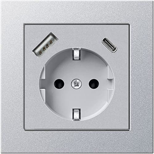 230 V Steckdose mit 1 x USB-A & 1 x USB-C, max. 3.400 mA, Schuko Wandsteckdose Unterputz, passend für Gira System 55 E2, Silber (Alu)