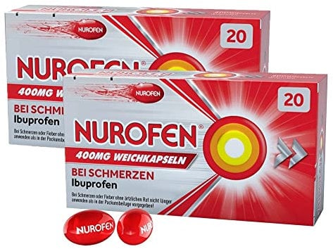 Doppelpack NUROFEN Weichkapseln 400 mg Ibuprofen bei Schmerzen - 2X so schnell vom Körper aufgenommen, langanhaltende - Wirkung durch flüssiges Ibuprofen - 2 x 20 Weichkapseln
