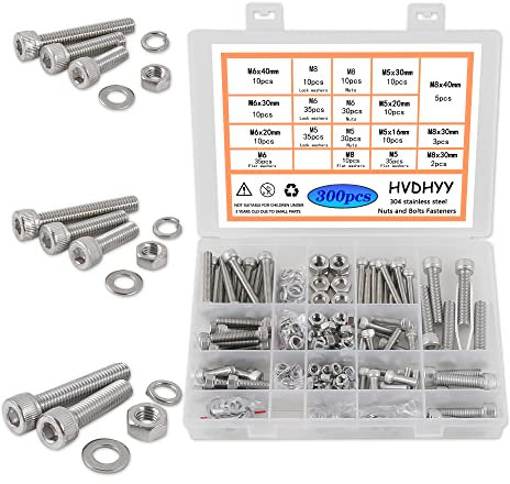 HVDHYY Zylinderschrauben mit Innensechskant M5 M6 M8 Schrauben set A2-70 Edelstahl-Sechskopf Maschinenschrauben,Muttern,Unterlegscheiben Sortiment Kit Hex Socket Button mit Aufbewahrungsbox 300pcs