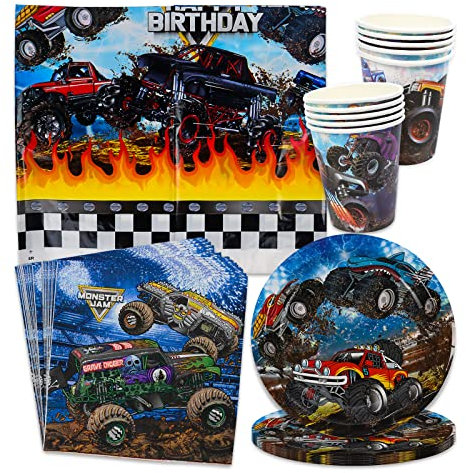 Monster Truck Partygeschirr, 41 Stück Kinder Geburtstag Party-Geschirr Auto Party Geburtstagsdeko, Kindergeburtstag Party Supplies, Tassen, Teller, Papier, Tischdecken, für Kinder Party Tischdeko
