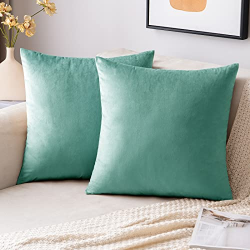EMEMA Samt Kissenbezug Kissenhülle Dekorative Dekokissen Sofakissen Lendenkissen Wurfkissenbezug mit Verstecktem Reißverschluss Schlafzimmer Sofa 2er Set 45x45 cm Grünlichesblau