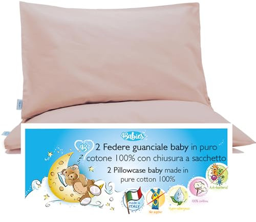 4BABIES-Federa Cuscino 40x60 Bambino- Set 2 Federe per cuscino lettino e culla 100% PURO COTONE Made in Italy - Chiusura a busta - Certificato OEKO-TEX - Biancheria da letto per bambini - ROSA SEPIA