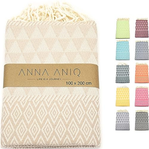 ANNA ANIQ Hamamtuch groß 100x200 cm Strandtuch XXL Saunatuch - 100% Baumwolle Fouta Pestemal Stranddecke Saunakilt Herren Saunahandtuch Damen Badetuch Pareo Strandhandtuch (Beige)
