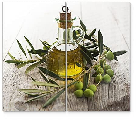 DEQORI Cubiertas de cristal para fogones, juego de 2 unidades, 60 x 52 cm, diseño aceite de oliva con rama de olivo, placas de vitrocerámica en cocina, placas de cristal y tablas de cortar para