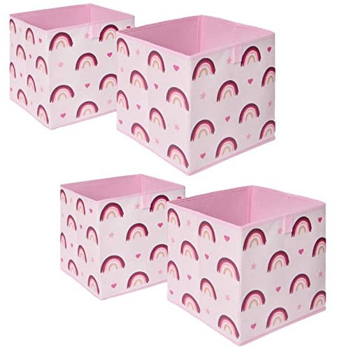 OHS Pack of 4 Rainbow Print Kids Storage Toys Games Box Clothing Space Saving Foldable Organiser Cube, Blush Pink