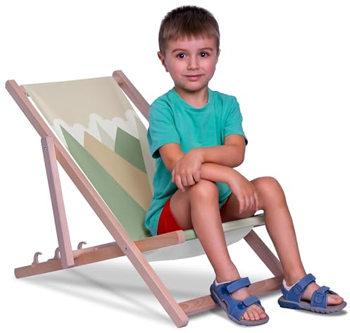 DreamRoots Kinder Liegestuhl Holz Gr. S, Triangles Trees | Klappbarer Campingstuhl faltbar, für Garten & Strand, bis 130 kg, waschbarer Bezug, 100% Polyester, UV-beständig, Kinderliege