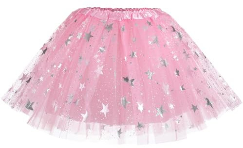 PLIKSUVER Jupes Tutu pour Filles, Etoiles Sequins 3 Couches en Tulle Enfants, Dance Ballet Tutu Jupes Taille Elastique Fête Anniversaire pour Filles 3-8 Ans (Rose)