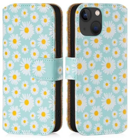32nd Floral Series 3.0 - Design PU Leather Book Wallet Case Cover for Apple iPhone 15 Plus (6.7), Flip Case With RFID Blocking Card Slots, Magnetic Closure and Built In Stand - Blue Daisy