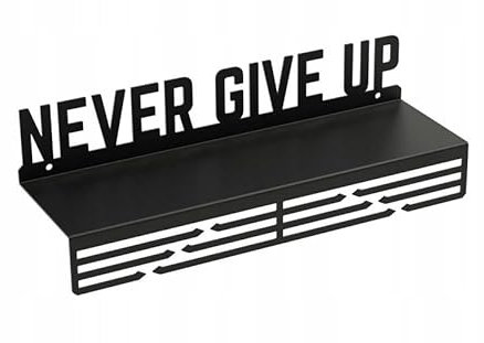 Sellon24® Medaillenhalter Never Give Up mit Regal für Pokale, Medaillen - Aufhänger Schwarz, Metall, Wandmontage, Sportler Geschenk