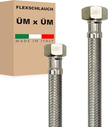 Flexschlauch DN13-1/2 Edelstahl Panzerschlauch Sanitär Hauswasserwerk - Made in Italy (1/2 ÜM x 3/4 ÜM, 30 cm)