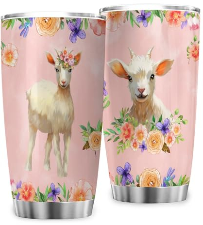 Ziegenbecher mit Klappdeckel, Ziege und Blume, Edelstahl-Kaffeetassen, isolierter Reisebecher für heiße und kalte Getränke, Reisebecher für Wandern, Camping, Büro, Kaffeetassen, Ziege, 590 ml