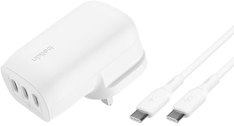 Belkin BoostCharge 3-Port USB-C Wall Charger with PPS 67W, USB-C PD 3.1 Enabled Fast Charging iPhone Charger for iPhone 16 Series, MacBook Pro, AirPods, Galaxy, and more, USB-C to USB-C cable included