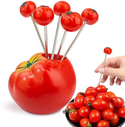 Set di 5 forchette da frutta in acciaio inox per pomodoro e 1 porta pomodoro, forchette da frutta, forchette da dessert, insalata e stuzzicadenti