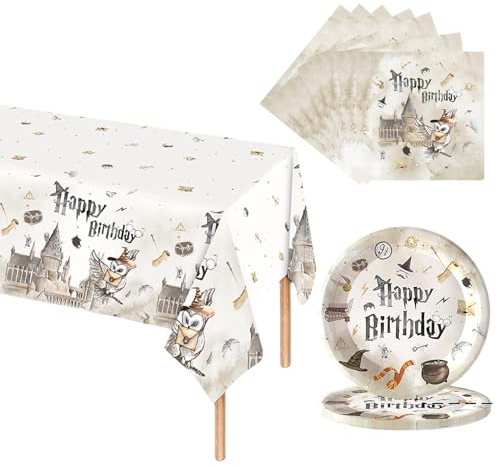 Harry Potter Birthday Tableware Set, 41pcs Wizard Dinnerware Magician Paper Plates Napkins and Tablecloth for Kids Adult Birthday Harry Potter Theme Party Supplies