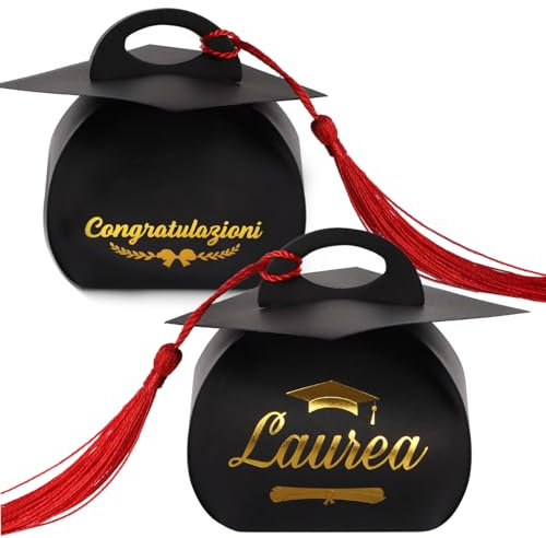 50pz Scatole Bomboniere Laurea Portaconfetti Con Cappello e 50pz Nappe Rosse Scatola Tocco Decorazione per Confetti Regalo Congratulazioni