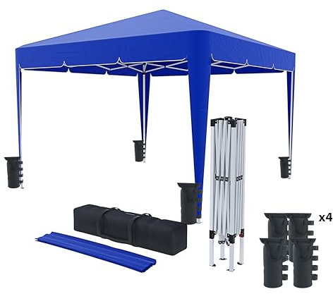 Gazebo 3 x 3 M Pieghevole Idrorepellente Struttura Acciaio Copertura 160 gr/m² Con 4 Sacche Per Pesi E Sacca Di Trasporto Chiusura A Fisarmonica Da Giardino Campeggio Esterno Piscina Fiere (Blu)