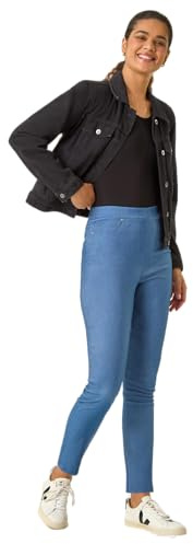 Roman Originals Stretchy Denim Jeggings for Women UK - Ladies Jean Leggings Trouser Bengaline Pants Elasticated Waist High Rise Pull On Skinny Slim Straight Leg Bottoms - Denim - Size 12