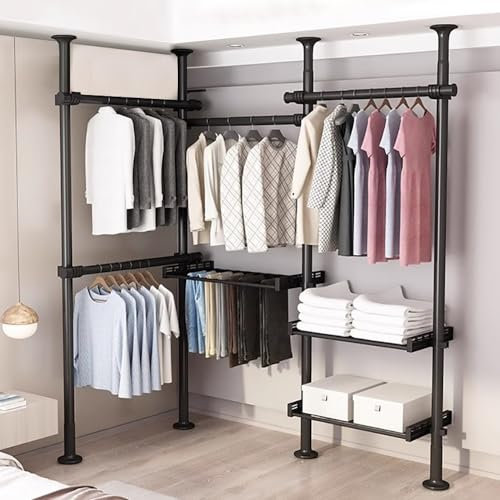 WPPTNSFY Teleskopstange Kleiderständer Garderobenständer, Teleskop Garderoben System Regalsystem mit Paletten und Körben, Höhe und Breite Verstellbarer, für Schlafzimmer Wohnzimmer
