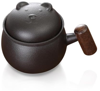 fanquare Tea Infuser Mug Cute Bear Black Ceramic Tea Cup with Lid, Portable Travel Tea Steeping Mug for Loose Leaf