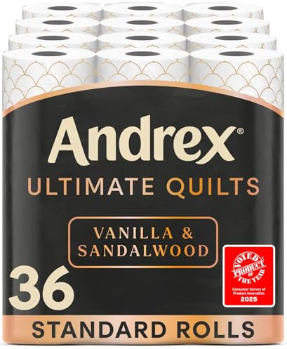 Andrex Ultimate Quilts Toilet Tissue 36 Rolls with Vanilla and Sandalwood Fragrance, Air Pocket Technology for Soft, Thick Sheets - Bulk Pack of 36 Quilted Toilet Rolls, FSC Certified