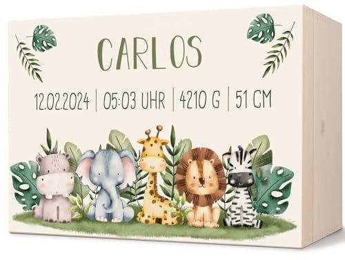 GRAVURZEILE Personalisierte Erinnerungskiste für Babys - Tiergruppe Safari - Personalisiert mit Name & Datum - Holzkiste für Mädchen & Jungen - Geschenk fürs Baby zur Geburt - Erinnerungsbox