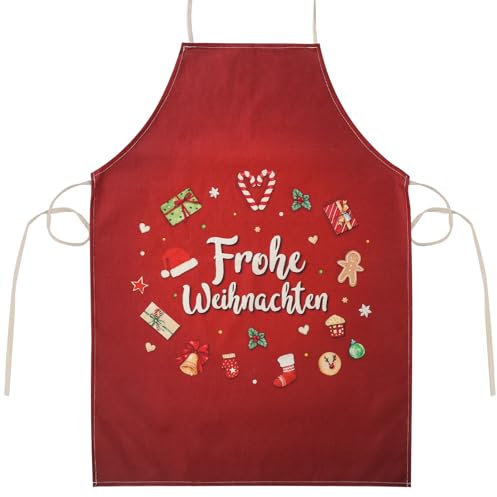 Frohe Weihnachten Schürze mit Weihnachtsmustern Leinen Weihnachtsschürze Kochschürze für Damen und Herren Geschenk Weihnachtsküchen Küchenschürze für Party Küche Koch Backen Heiligabend (Rot)