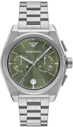 Emporio Armani Watch for Men, 2 sub dial Chronograph Movement and 43mm Case Size with Stainless Steel, Leather or Silicone Strap Waldgrün, 43MM
