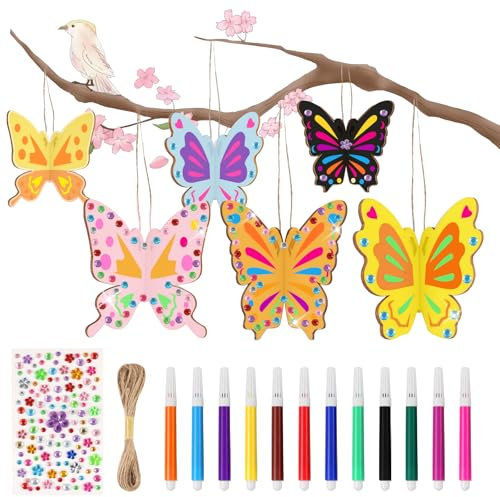 Svalor 28 Stück Bastelsets für Kinder, 3D Schmetterlinge Bastelset Holz, Schmetterlinge Basteln zum Bemalen, Basteln Kindergeburtstag mit Aquarellstift Edelsteinaufkleber Hanfseil für DIY Handwerk