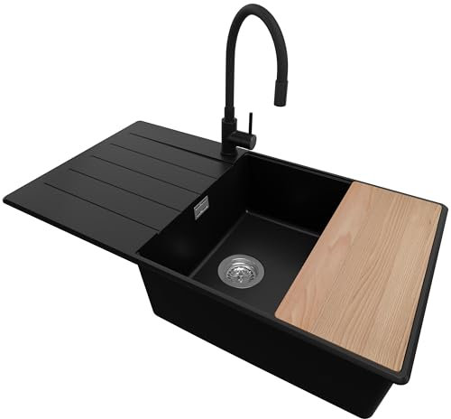 Fregadero Granito Negro 90x50cm, Fregadero Cocina 1 Seno + Sifón + Grifo + Tabla de cortar, Fregadero sobre encimera al mueble 60cm - Copenhague Top de Primagran