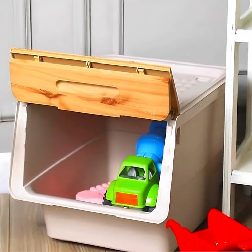 SmartToys4U Stackable Toy Box, Plastic Toy Organiser on Wheels, Kids Toy Storage with Lid Open Front, Multi-Purpose Wheeled Organiser Storage Box Toys Snacks Clothes (Cream&Bamboo, 3 x 33 LT)