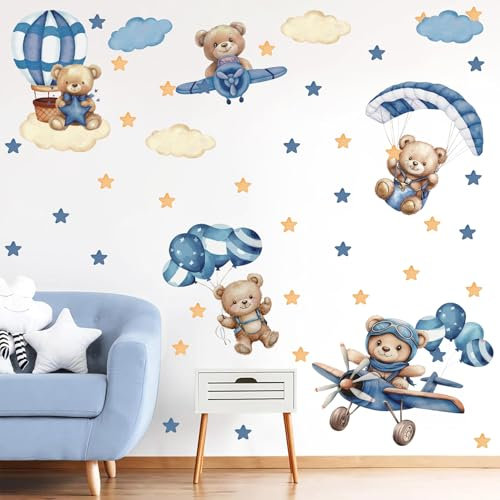 ANHUIB Tier Wandtattoo Kinderzimmer Blau Wandaufkleber Flugzeug Wandsticker Kinderzimmer Jungen Kinder Wandtattoo Wandsticker Tiere Kinderzimmer Babyzimmer Schlafzimmer Wanddeko Wandtattoo Wolken Deko