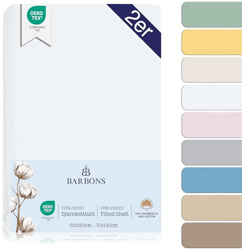BARBONS Spannbettlaken für Baby Kinderbett 60x120 / 70x140-100% Jersey Baumwolle Spannbetttuch Oeko-TEX Standard 100 Zertifiziert Bettlaken für Babybett - Weiss 60 x 120/70 x 140 cm 2er