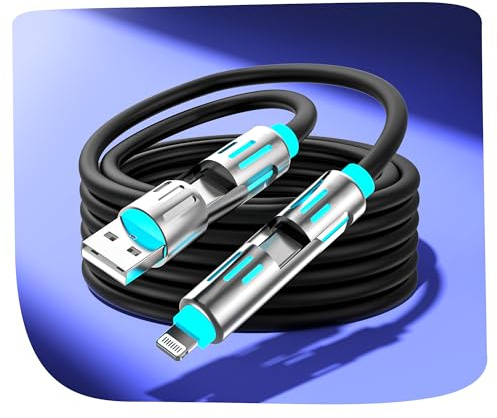 4-in-1 USB C Cable 6ft,240W Max Multi Chubby Fast Charging Cord,USB A/C to C/Lightning Cable with Light for iPhone 16 15 14 Pro/MacBook/iPad/Samsung Galaxy S25/S24/Laptop