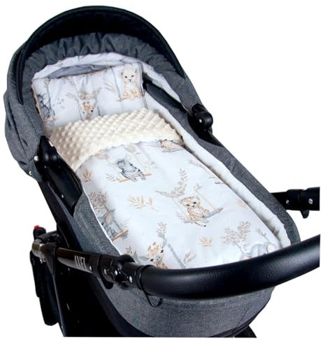 Babylux Babydecke Minky PLÜSCH Kuscheldecke 75x60cm + Kissen 35x30cm | 2-TLG Set für Kinderwagen, Wiege, Babyschale, Neugeborene (MP139 - Ecru + Tiere auf der Schaukel)
