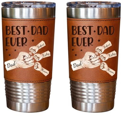 Wasetell Personalized Father's Day Fist Bump Leather Tumbler Custom Best Dad Ever Tumbler with 1-10 Name Dad's Team Stainless Steel Travel Mug Coffee Cup Gift for Husband Birthday Christmas