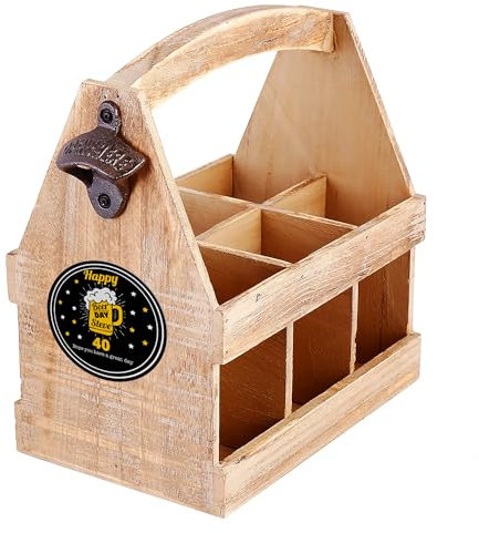 Personalised Beer Crate for Men, Custom Name & Age, Birthday, Rustic, Wooden Caddy, 6 Bottle Holder with Bottle Opener, Beer Carrier