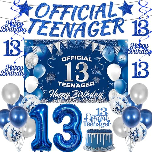 13. Geburtstag Deko Junge Blau - 24 Stück Deko für 13 Jahre Teenager | offiziell Teenager Banner mit Hintergrund Ballons Wirbel für 13 Jahre Party