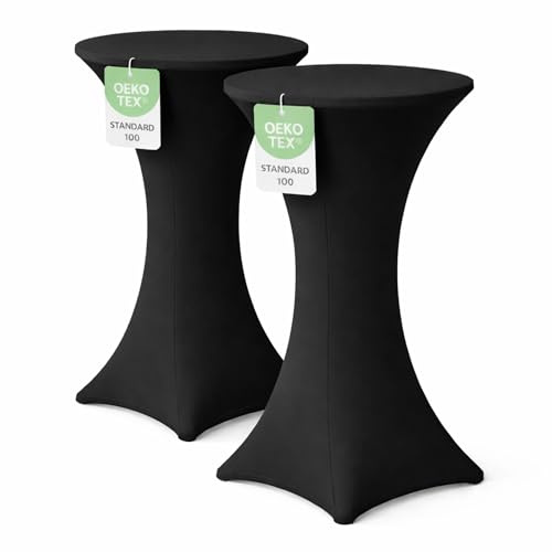 EXKLUSIV HEIMTEXTIL Stehtischhusse für Bistrotisch mit 4 verstärkten Fußlaschen elastisch Stretch Oeko-TEX Zertifiziert Ø 60-65x110-120 cm Schwarz (2 Stück)