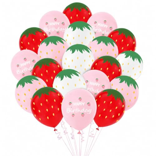 Fesnova 20 Erdbeer Luftballons in Rosa, Rot und Weiß, Geburtstagsdeko | 20 Latexballons mit Erdbeermotiven; Fruchtballons für Geburtstag, Sommerparty sowie Erdbeer und Obst Partydekoration.