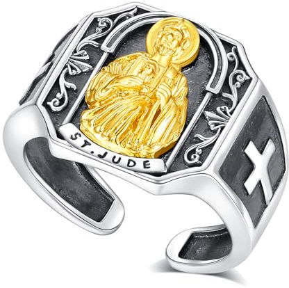 AEONSLOVE Heiligen Judas Ring Herren Damen Verstellbarer Saint Jude Ring Silber 925 Offener Ringe Verstellbar Goldener Judas Silberring Männer