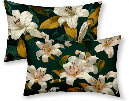 Kissenbezug 40x80 cm 2er Set, Kissenbezug Weiß Kopfkissen Blume Muster Design Kopfkissenbezug Wasserdicht Leinen Pillow Case Herbstdeko mit Verstecktem Reißverschluss für Deko Wohnzimmer -ly250810