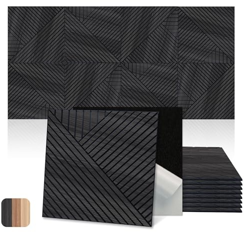 Mollywell Acoustic Wall Panels, Black Oak, 8 Pack, 60x60 cm | PVC Wood Grain, Self-Adhesive, Sound Proof, Sound Absorbing, Modern Wall Decor, Home, Studio, Office