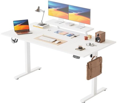 Agilestic Höhenverstellbarer Schreibtisch mit flexiblem Monitorständer | Schreibtisch höhenverstellbar elektrisch 160 x 80 cm, 2 Speicherplätze, Stehschreibtisch für Homeoffice, Weiß