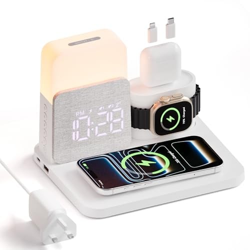 COLSUR 6 in 1 Wireless Charging Station, Magnetic 25W Wireless Charger with Alarm Clock, Night Light, Wireless Charger Stand for iPhone 17 16 15 14 13 12 11 X Pro Max, Apple Watch, AirPods