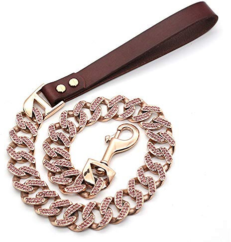 32MM Width Heavy Duty Dog Leash Soft Padded Leather Handle, Rose Gold with Diamonds, Stainless Steel Link Chain Traction Dog Lead Rope Suit for Large Dogs