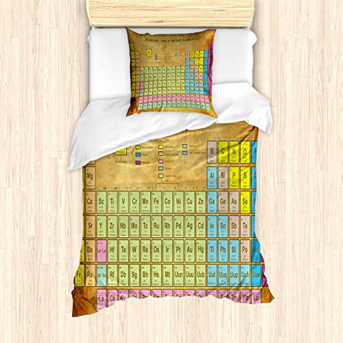 ABAKUHAUS Periodensystem Bettbezug Set für Einzelbetten, Bunte Squared, Milbensicher Allergiker geeignet mit Kissenbezug, Hellbraun Grün