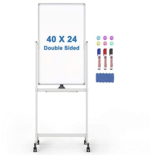 Tableau blanc à rouler 101,6 x 61 cm, tableau blanc double face debout sur roulettes, tableau magnétique mobile effaçable à sec pour la maison, le bureau, la salle de classe
