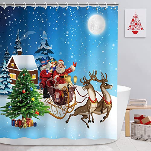 LIVILAN Rideau de Douche de Noël avec 12 Crochets Père Noël dans Une carrosse Rideau de Bain Décoration de la Maison, 183 x 183 cm