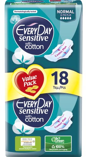 EveryDay Sensitive Cotton Normal, Pads mit Flügeln, Filter mit Baumwolle, 18 Stück